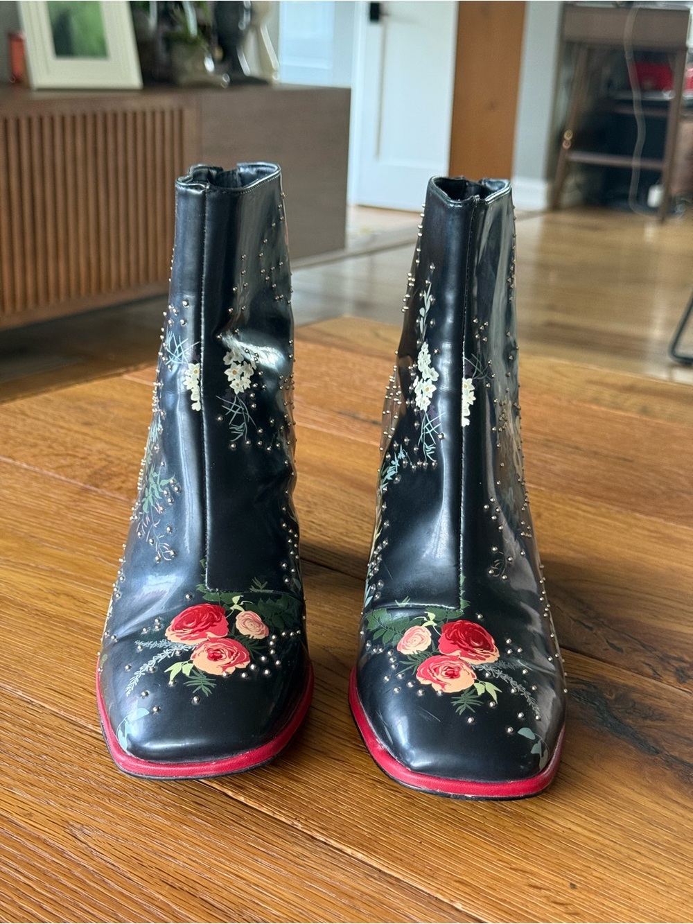 Zara Black Floral Embossed Ankle Boots with Red Trim and Back Zip